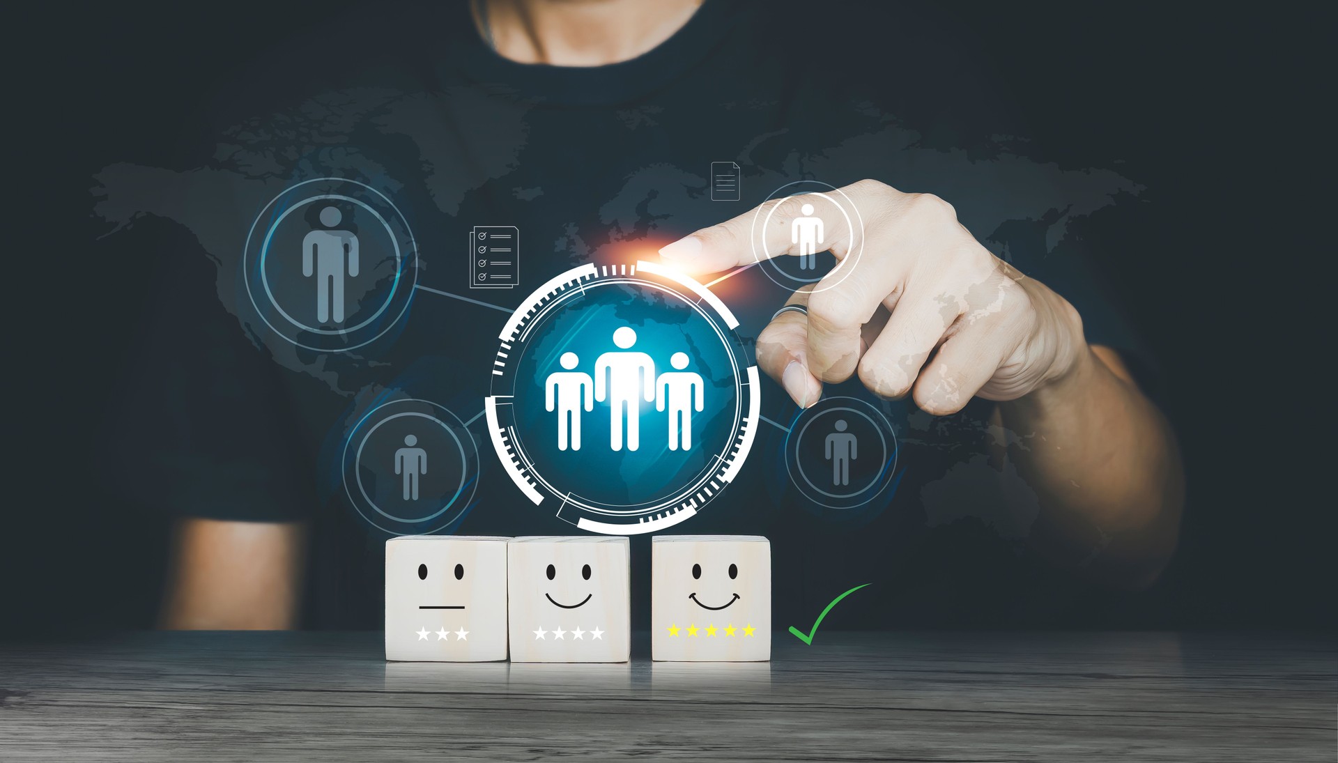 hand touching showing sad and happy smileys on wooden cube. Customer satisfaction. Management to describe the selection of leaders and staff. Enterprise Resource Planning ERP